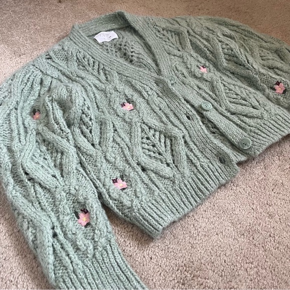 ZARA Cottage Mint Green Chunky Cableknit Floral Embroider Crop Cardigan Sweater - Picture 7 of 13